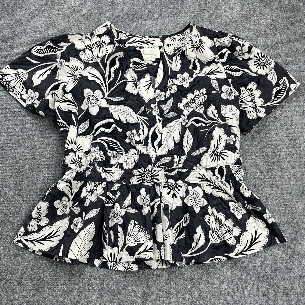 Anthropologie Somerset Blouse Womens Size Large Smocked Waist V Neck Peplum Hem - Picture 2 of 9